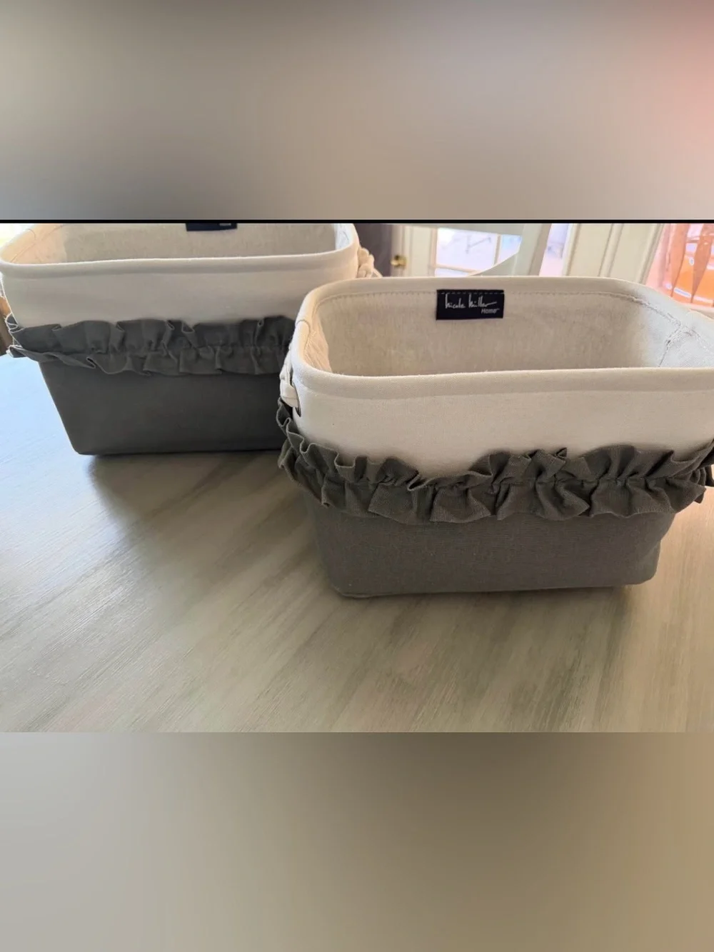 Nicole Miller Cream and Gray Ruffle Fabric Storage Bins, Set of 2